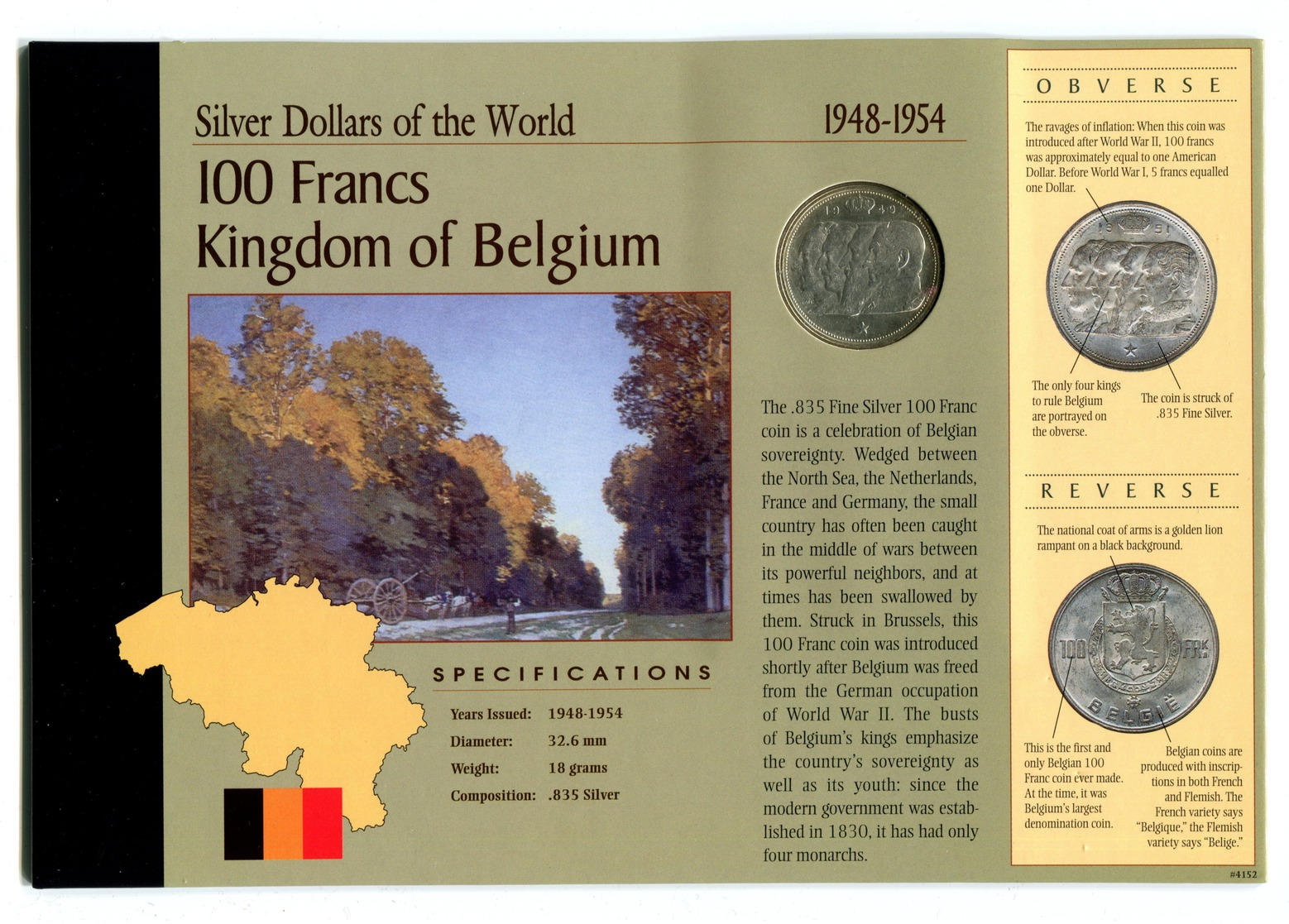 1949 Belgium Commemorative Silver 100 Francs Coin Card - 100 Franc
