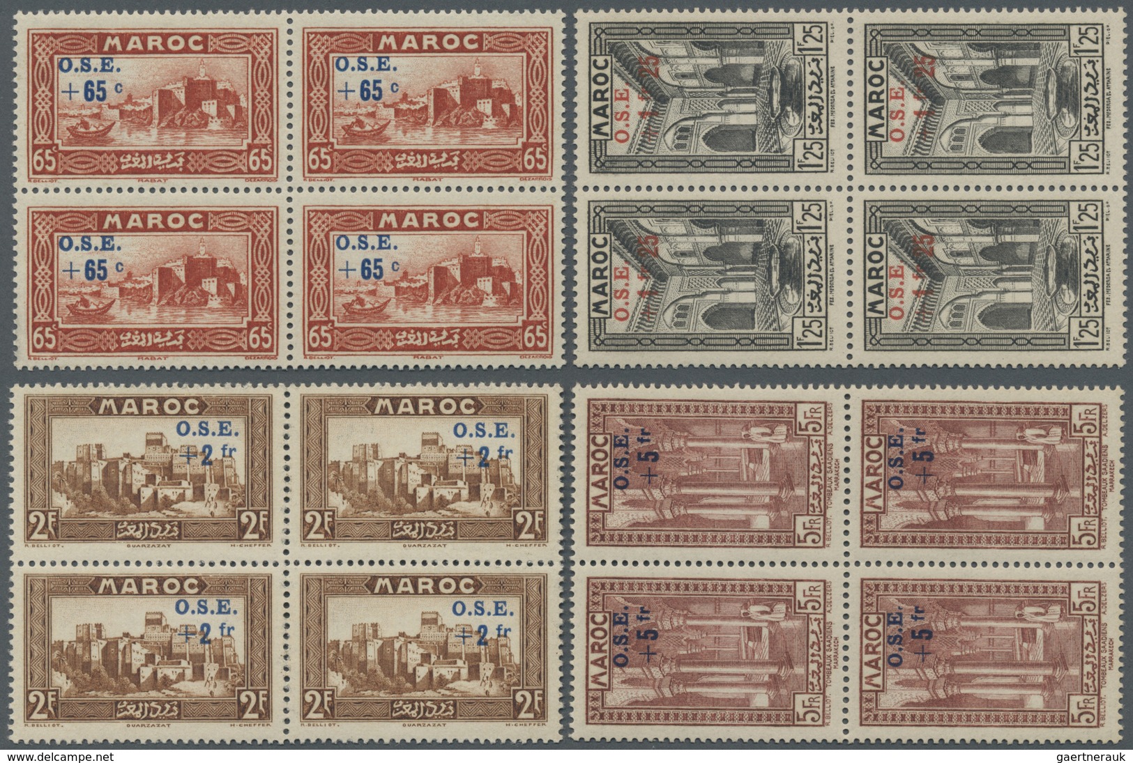 ** Marokko: 1938, Children's Relief, 2c. To 10f., Complete Set Of Eight Values As Blocks Of Four, Unmou - Marokko (1956-...)