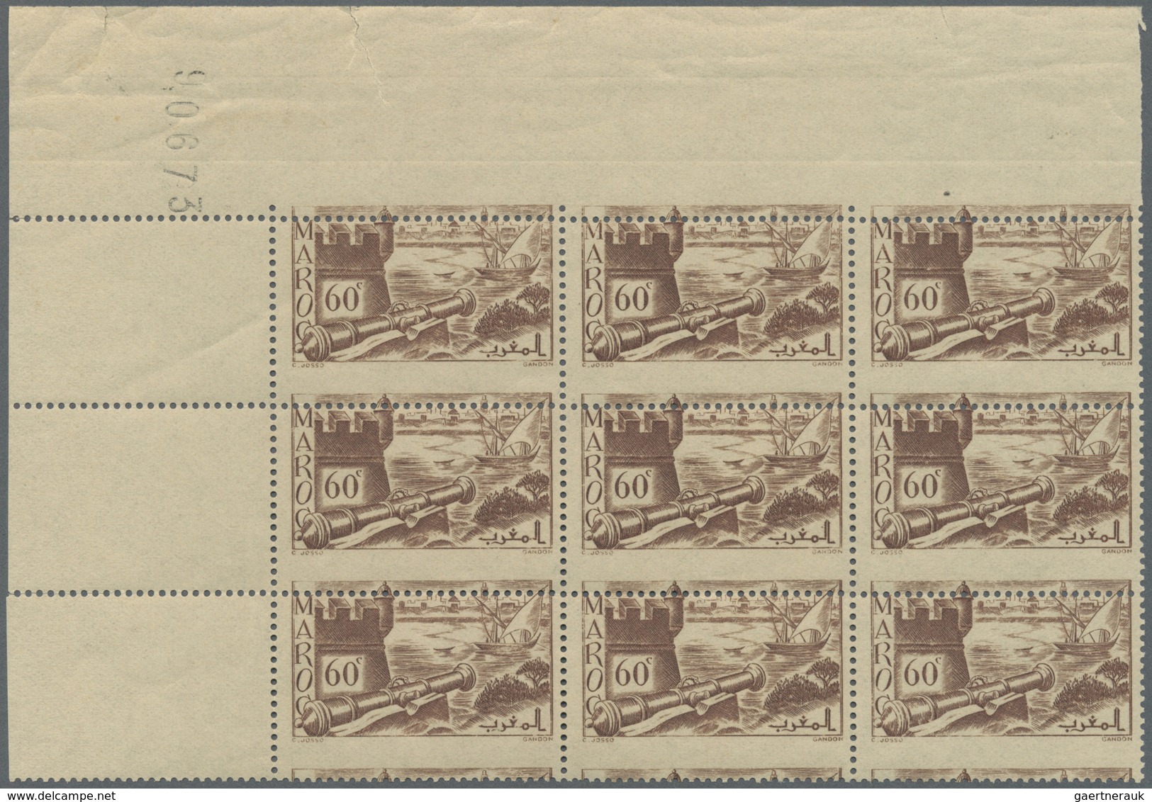 ** Marokko: 1940, 60c. Brown "Remparts De Sale", Misperforated Block Of Nine From The Upper Left Corner - Marokko (1956-...)