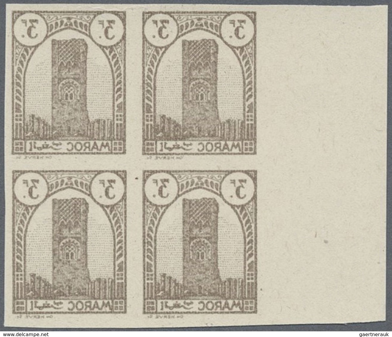 ** Marokko: 1943/1944, Definitives "Tour Hassan", 3fr. Brown, Imperforate Left Marginal Block Of Four W - Marokko (1956-...)