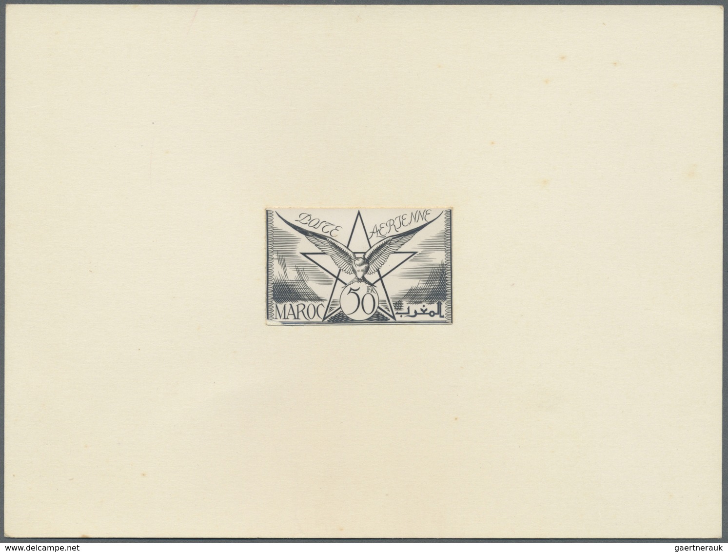 (*) Marokko: 1945, 50fr. Airmail, Non Adopted Design, Imperf. Proof In Black, Presented On Cardboard Siz - Marokko (1956-...)