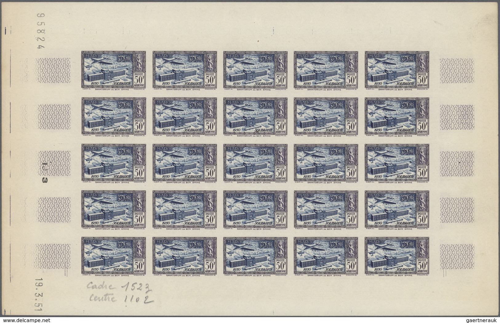 ** Marokko: 1951, 50fr. Sanatorium Of Ben Smine, Imperforate Colour Proof Sheet Of 25 Stamps "blue And - Marokko (1956-...)