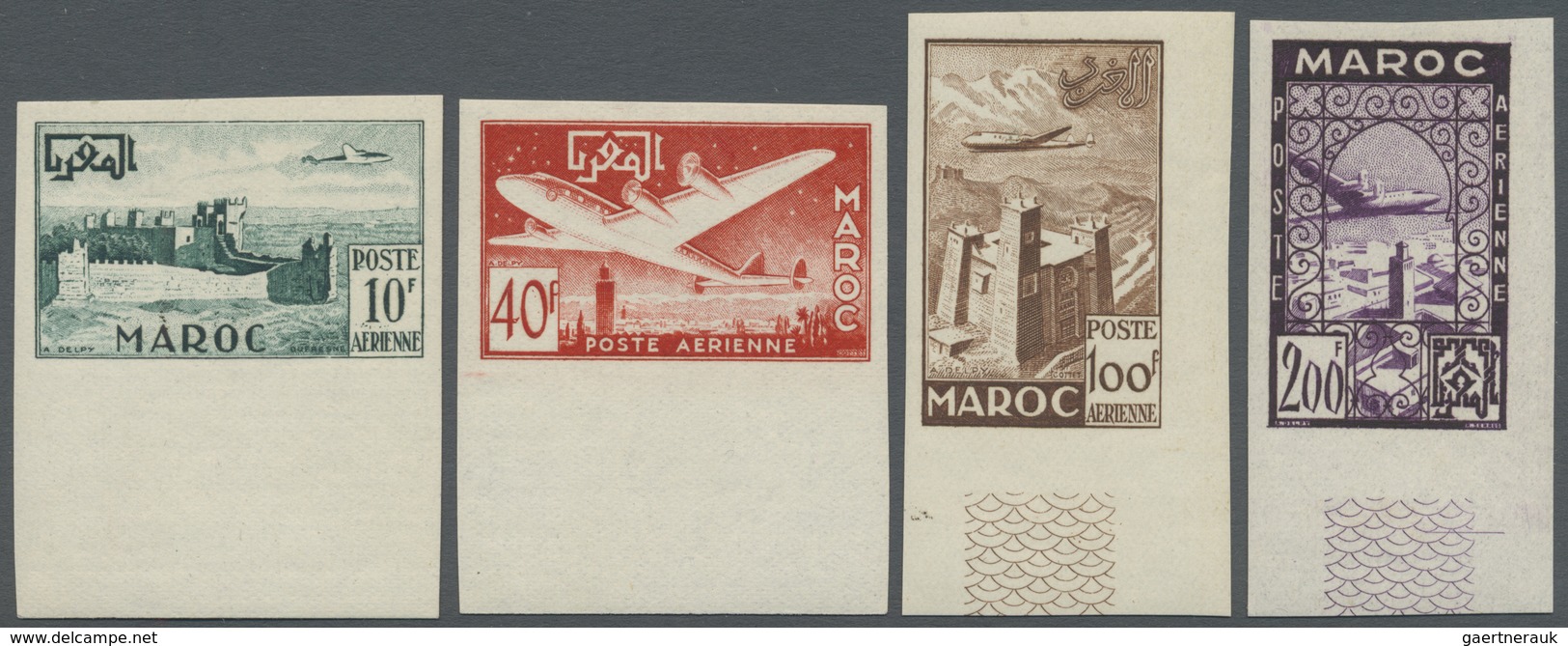 ** Marokko: 1952, Airmail Issue Complete Set IMPERFORATE From Lower Margin Or Lower Right Corner, Mint - Marokko (1956-...)