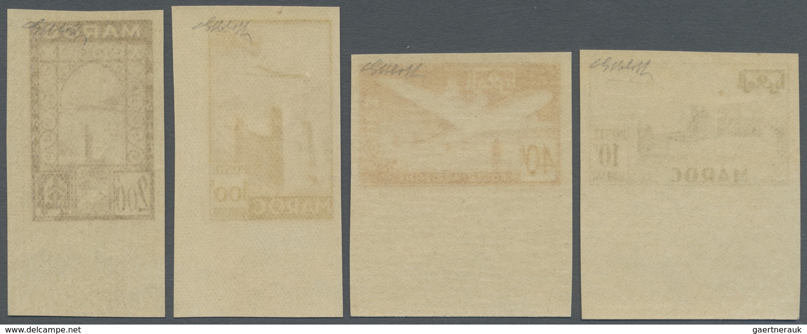 ** Marokko: 1952, Airmail Issue Complete Set IMPERFORATE From Lower Margin Or Lower Right Corner, Mint - Maroc (1956-...)