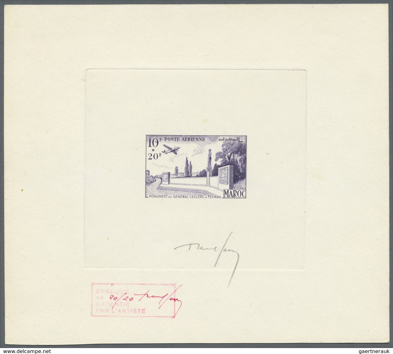 (*) Marokko: 1952, General Leclerc Monument In Temara, Not Issued, Epreuve D'artiste 10fr. + 20fr. Viole - Maroc (1956-...)