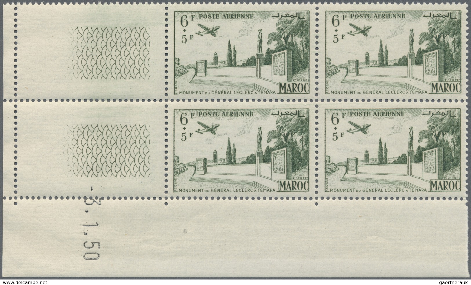** Marokko: 1952, Airmails "Leclerc Monument at Temara", 6fr. to 11fr., complete set of four values eac