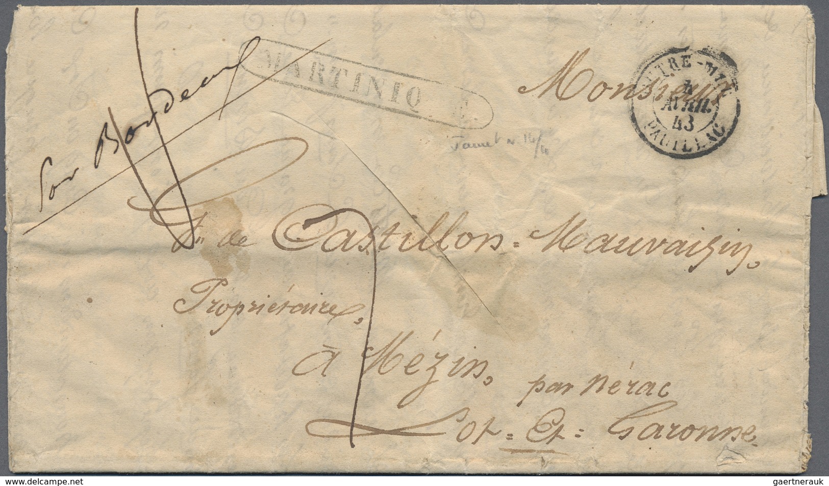 Br Martinique: 1843. Stampless Envelope Written From Fort Royal Addressed To Mezin, France Cancelled By - Andere & Zonder Classificatie
