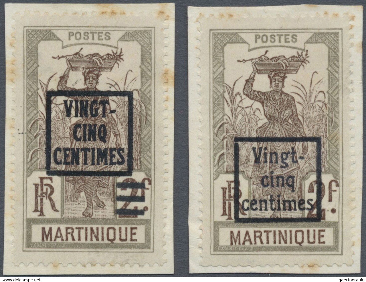Brfst Martinique: 1922, VINGT-CINQ-CENTIMES On 2 F. Gray/brown Sugar Cane Harvest With Overprint, Two Diff - Autres & Non Classés