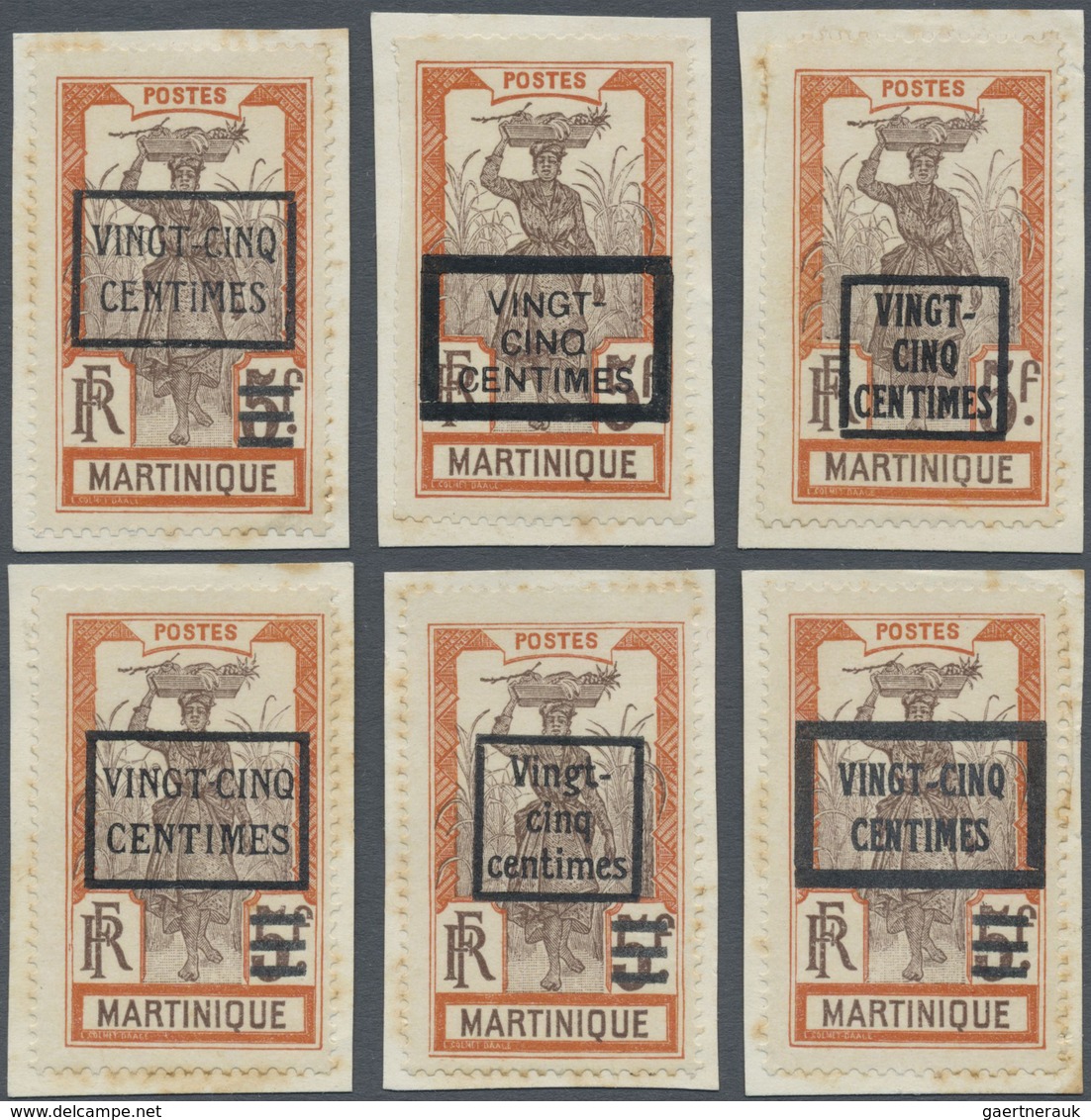 Brfst Martinique: 1922, VINGT-CINQ-CENTIMES On 5 F. Orange/brown Sugar Cane Harvest With Overprint, Six Di - Autres & Non Classés