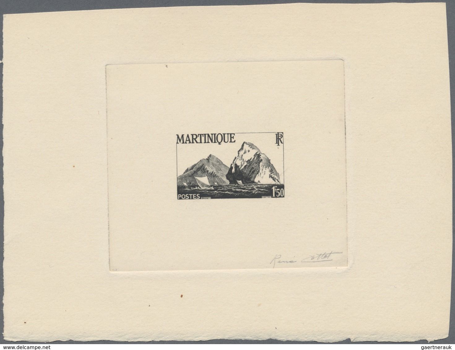 (*) Martinique: 1947, 2 Fr. "Epreuve De Artiste" Single Die Proof Black Instead Of Violet With Handwritt - Autres & Non Classés