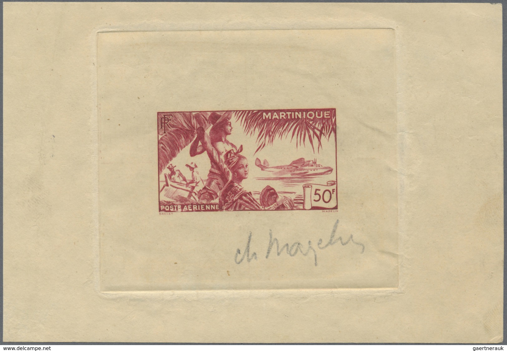(*) Martinique: 1947, 50 Fr. "Epreuve De Artiste" Single Die Proof Red Instead Of Lilac With Handwritten - Autres & Non Classés