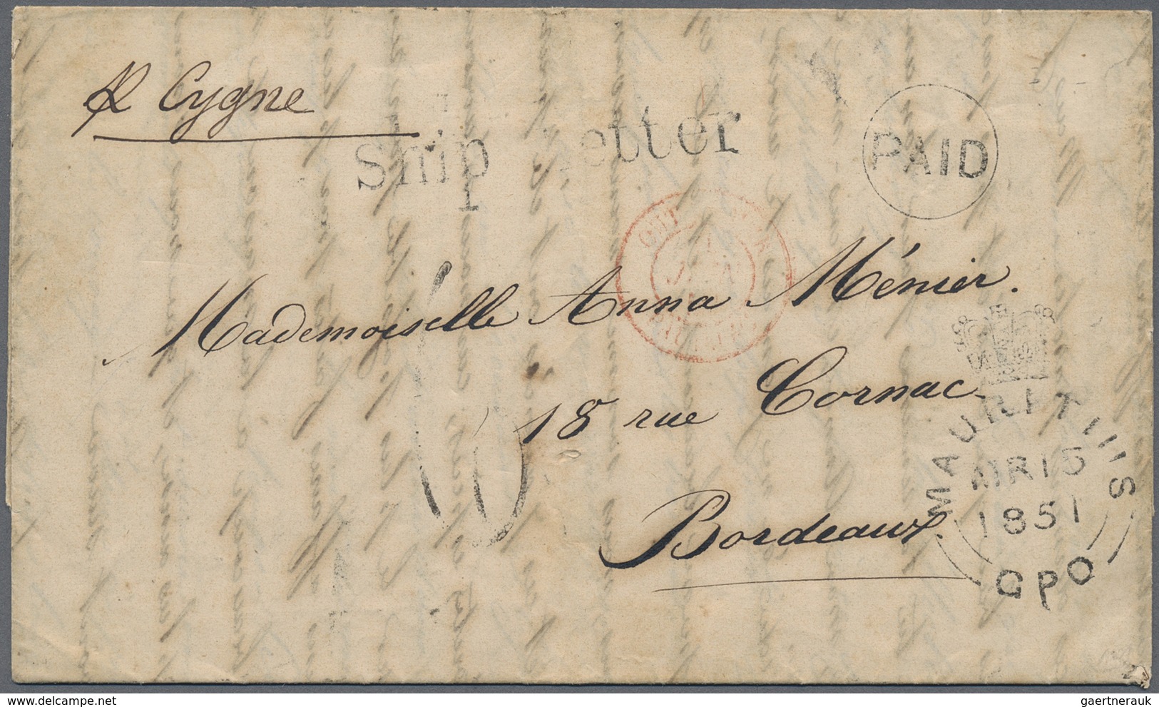 Br Mauritius: 1851. Stampless Envelope To France Written From Port Louis Cancelled By 'Crown/Mauritiul - Maurice (...-1967)