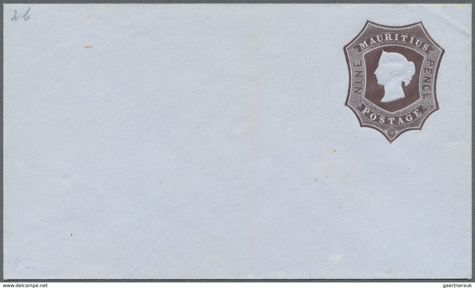 GA Mauritius: 1862, QV stationery envelopes (5): 6d (3, HG1a x2, 3d), 9d (2, HG 2, 2a) plus 6d (HG1) ov