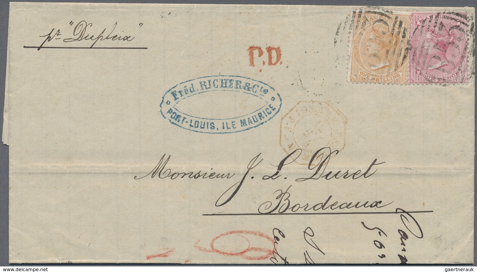 Br Mauritius: 1874, Letter From PORT LOUIS Franked With 4 D And One Shilling QV With "B53" Barred Oval - Maurice (...-1967)