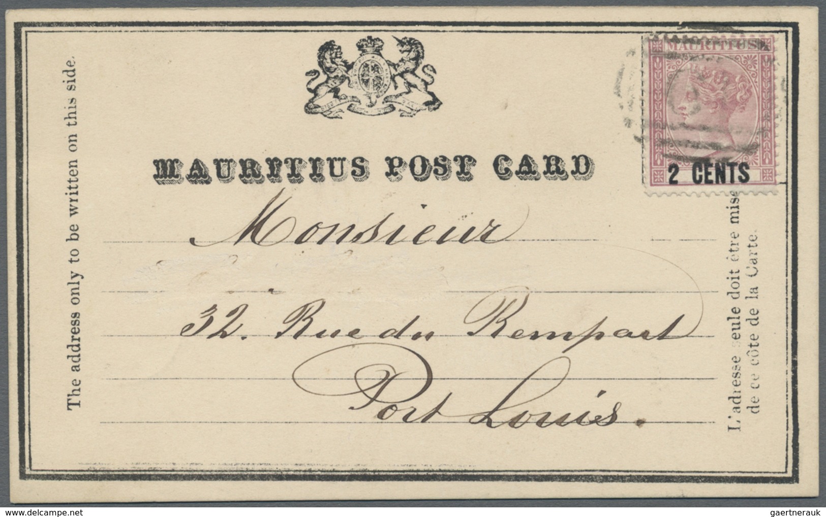 Br Mauritius: 1880: Postal Stationery Formular Card "MAURITIUS POST CARD" Franked With 2c Stamp (SG 83) - Mauritius (...-1967)