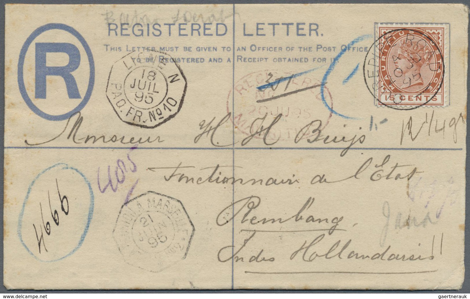 GA Mauritius: 1895: Registered Postal Stationary With 15 Cents Additional Franking, Tied By Cds "Curepi - Maurice (...-1967)