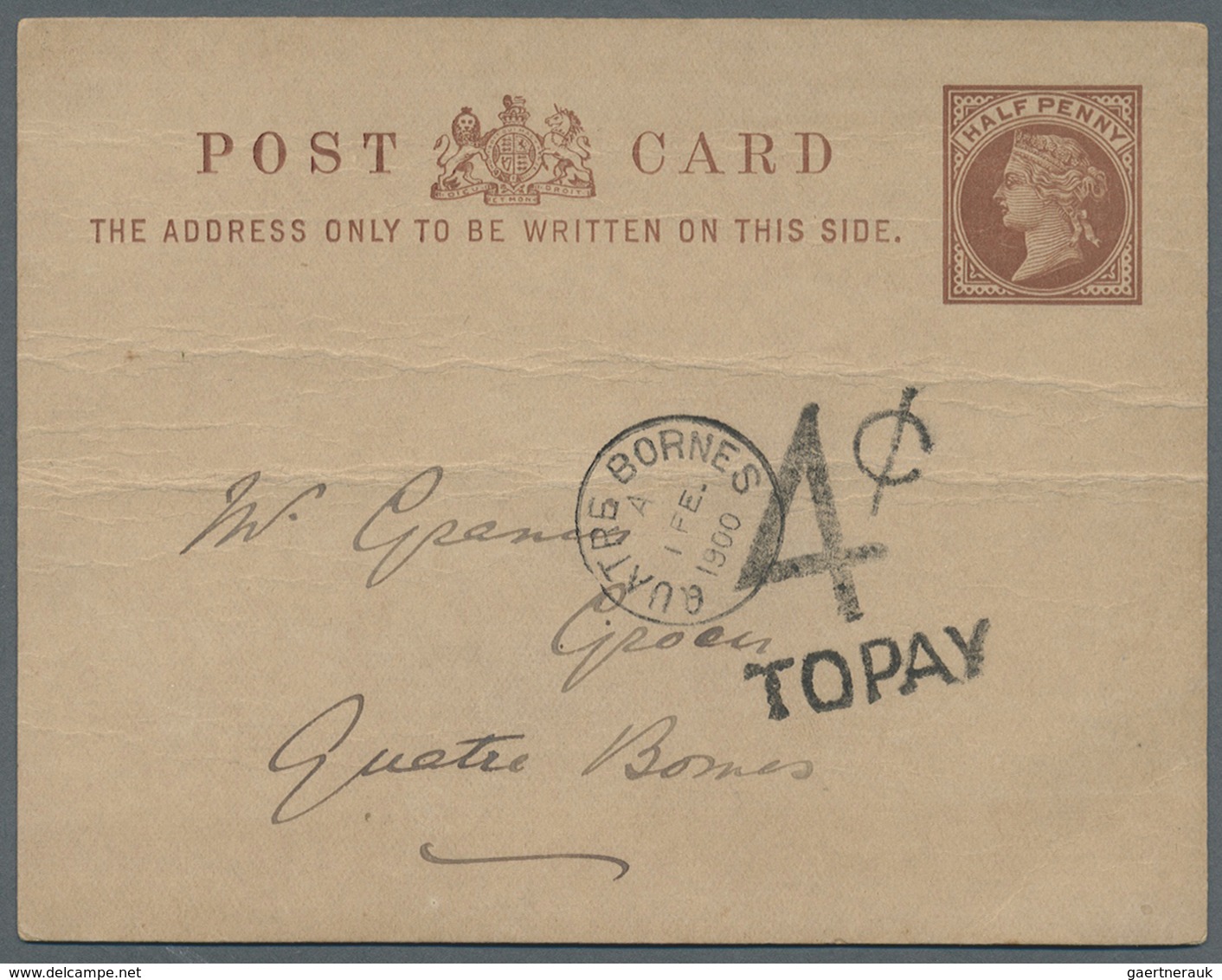 GA Mauritius: 1900. Great Britain Halfpenny Brown Postal Stationery Card (horizontal Wrinkles) Written - Mauritius (...-1967)