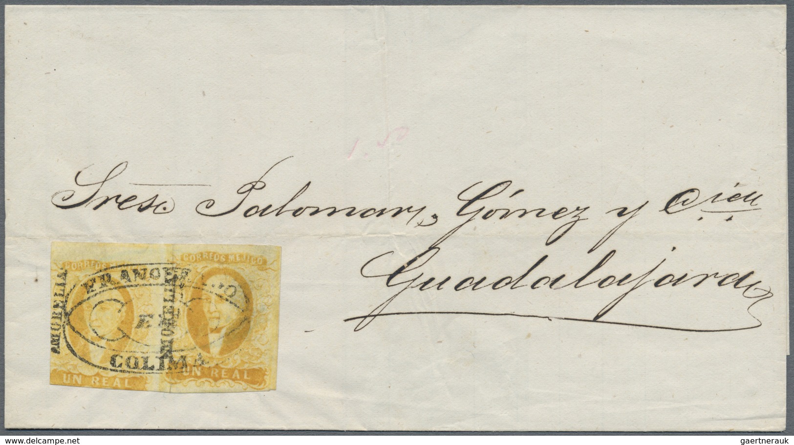 Br Mexiko: 1856, 1 R. Yellow Horizontal Pair With Overprint "MORELIA", Full Margins On Two Sides, On Fo - Mexique