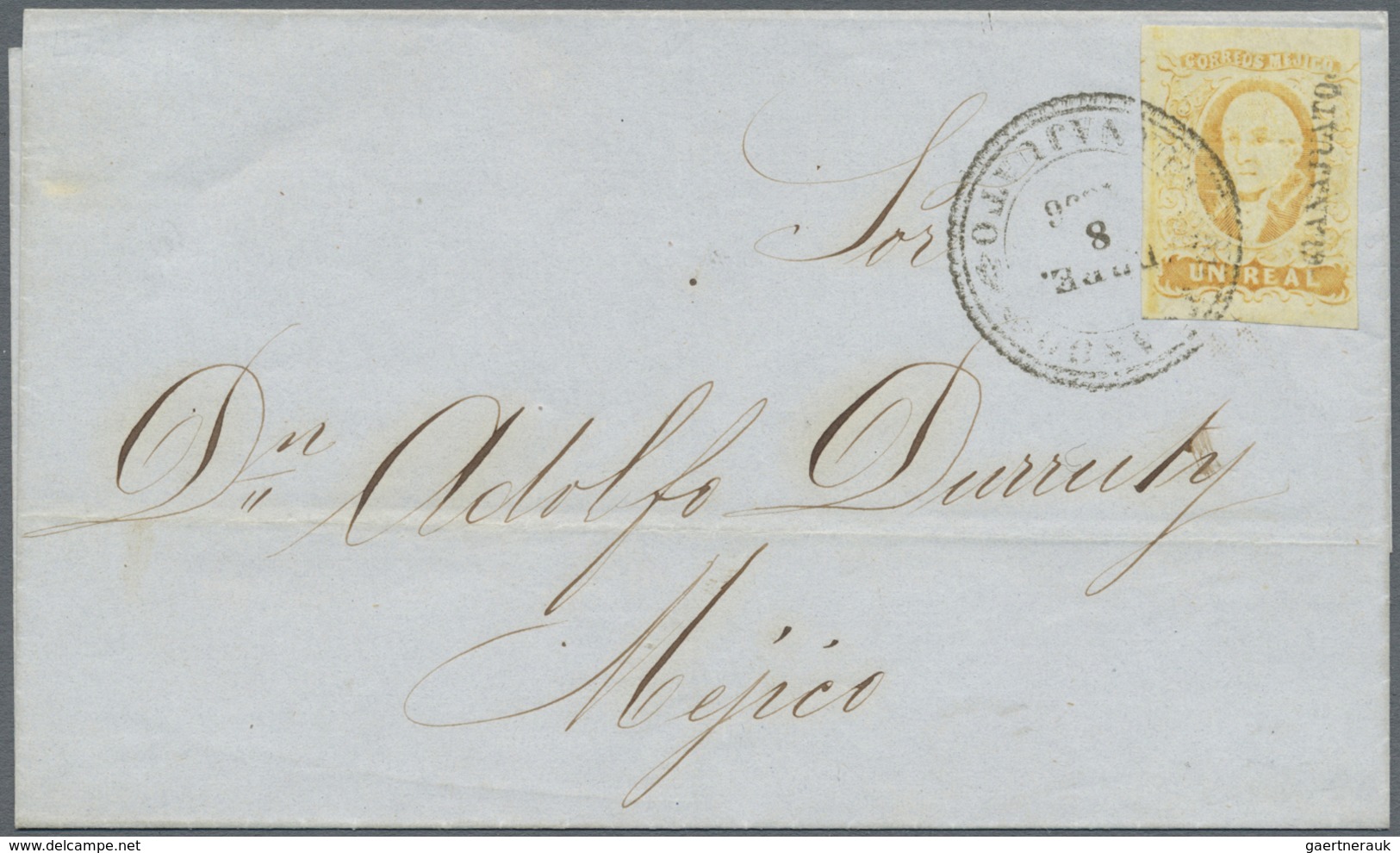 Br Mexiko: 1856, 1 R. Yellow With Overprint "GUANAJUATO", Full Margins On Two Sides, On Folded Envelope - Mexique