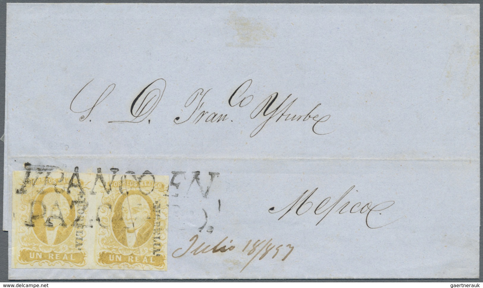 Br Mexiko: 1857, 1 R. Yellow Horizontal Pair With Overprint "MORELIA", Left Stamp Vertical Flaw On Top, - Mexique