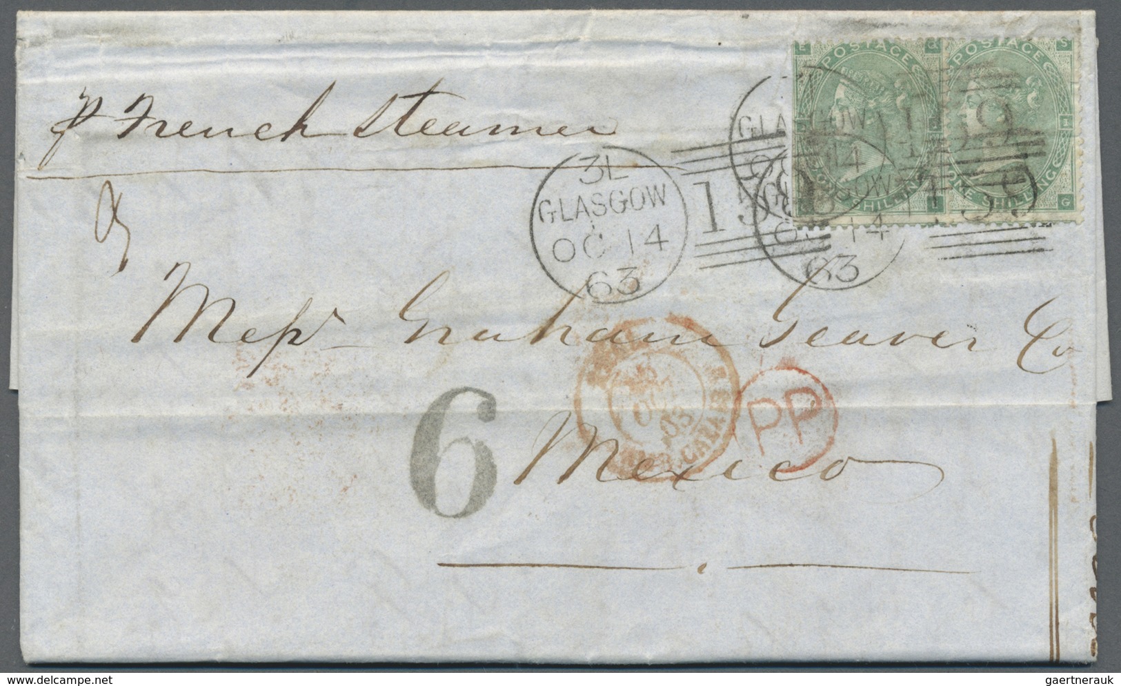 Br Mexiko: 1863. Envelope (fold) Addressed To Mexico Bearing Great Britain SG 90, 1s Green (2) Tied By - Mexico