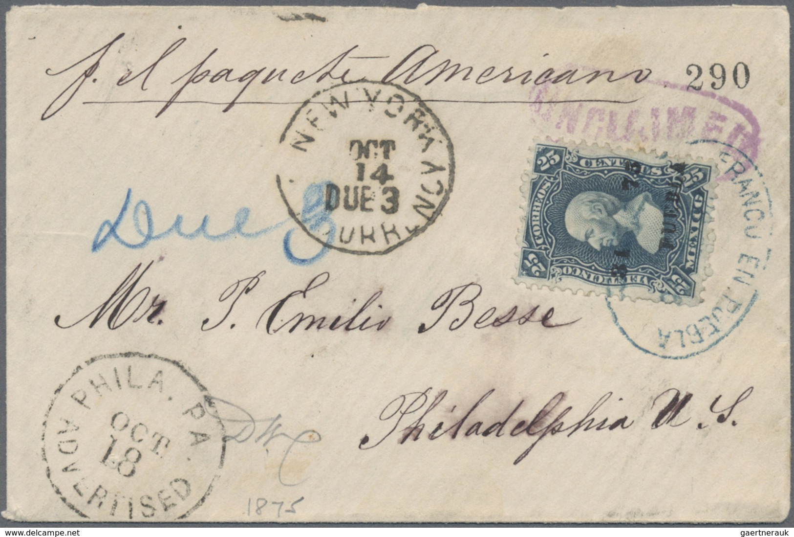 Br Mexiko: 1874, Hidalgo 25 C Blue On Thin Paper, Overprinted "31 75 PUEBLA" On Envelope Sent Via New Y - Mexique