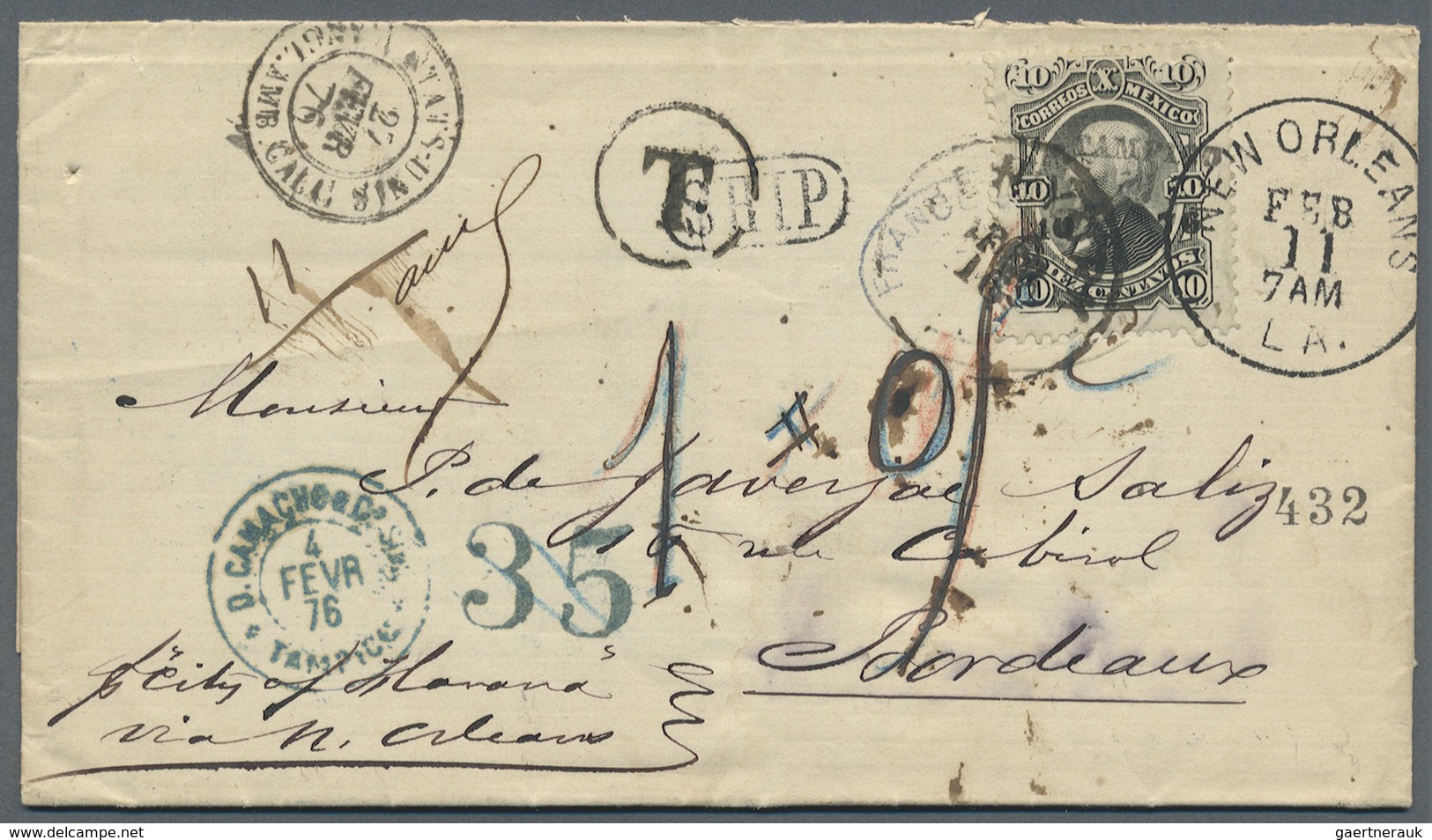 Br Mexiko: 1876. Envelope Addressed To France Bearing Hidalgo Yvert 56, 10c Black Surcharge 'Tampico' W - Mexico