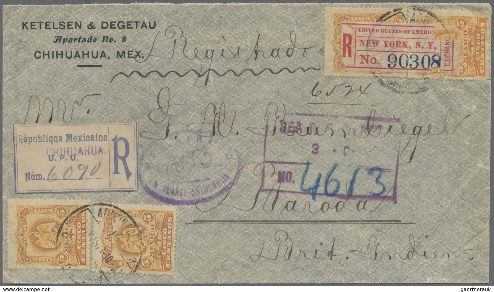 Br Mexiko: 1903 Registered Cover From Chihuahua To Baroda, British INDIA Via El Paso, New York, Brindis - Mexico
