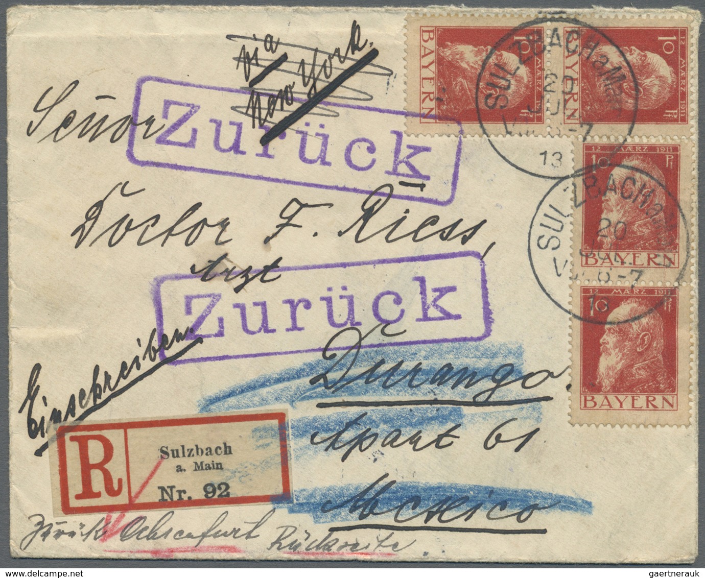 Br Mexiko: 1913, Bavarian Registered-envelope Bearing 4x 10 Pf Sent From "SULZBACH 20 JUL 13" To Durang - Mexique
