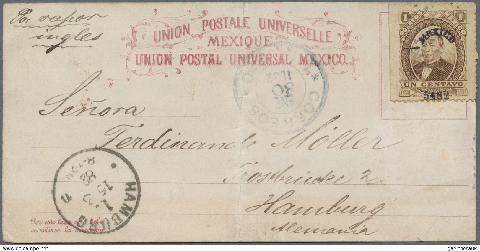 GA Mexiko - Ganzsachen: 1879 Formular Stationery Card Pinkish-carmine On Buff Bearing A Stamp Benito Ju - Mexique