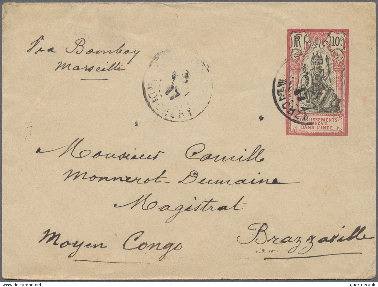 GA Mittelkongo: 1917. French India Postal Stationery Envelope 10c Red/black Cancelled By Lnde/Pondicher - Autres & Non Classés