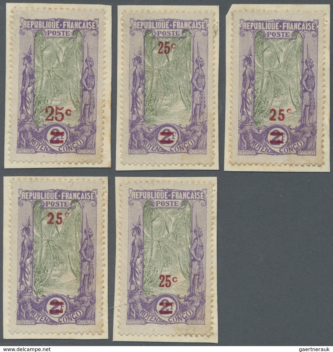 Brfst Mittelkongo: 1924, 25 C. On 2 F. Violet/olive Only With 25 C. Overprint, Five Different Value Overpr - Autres & Non Classés
