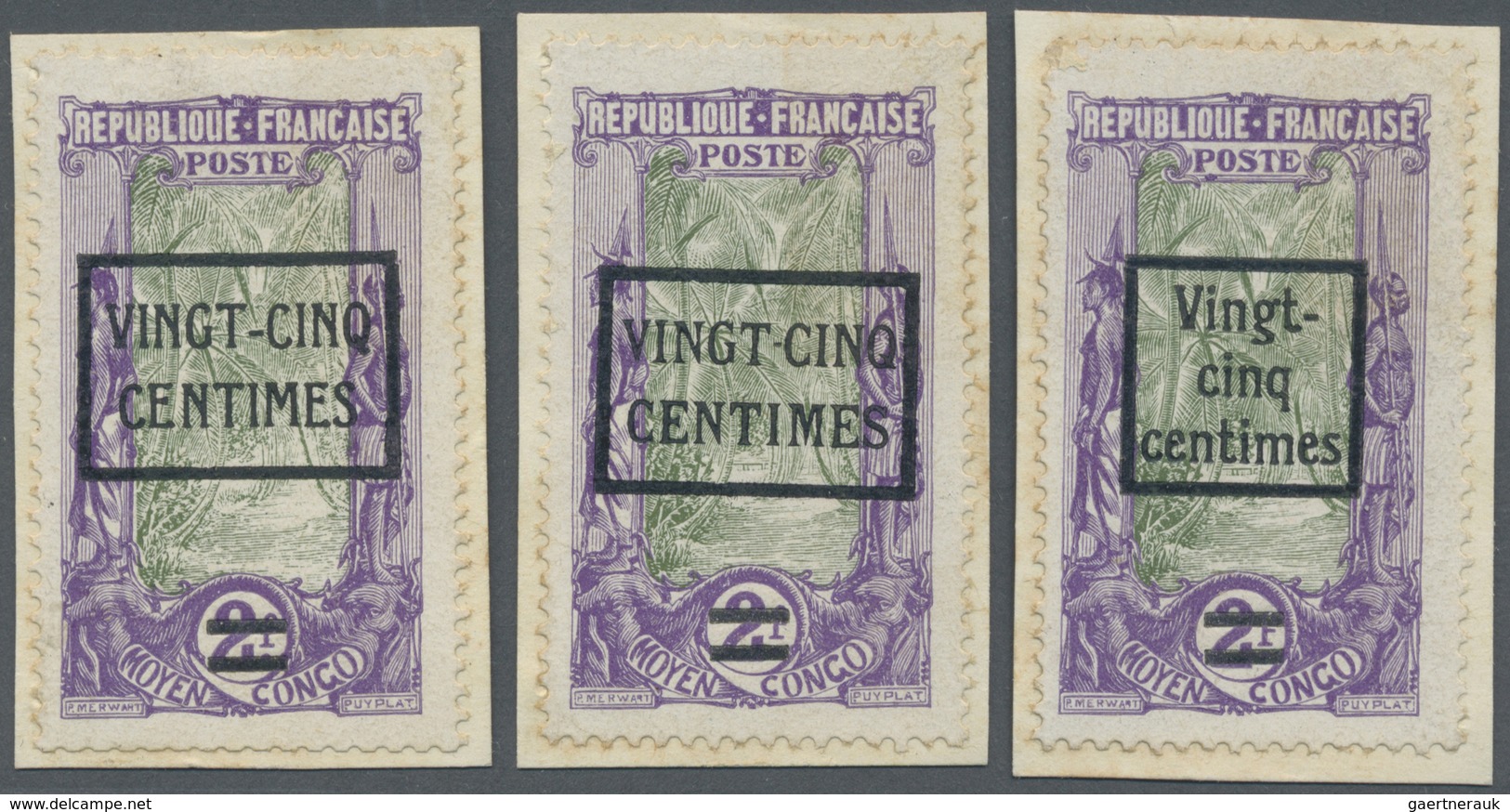 Brfst Mittelkongo: 1924, VINGT-CINQ-CENTIMES On 2 F. Violet/olive Only With 25 C. Overprint, Three Differe - Andere & Zonder Classificatie