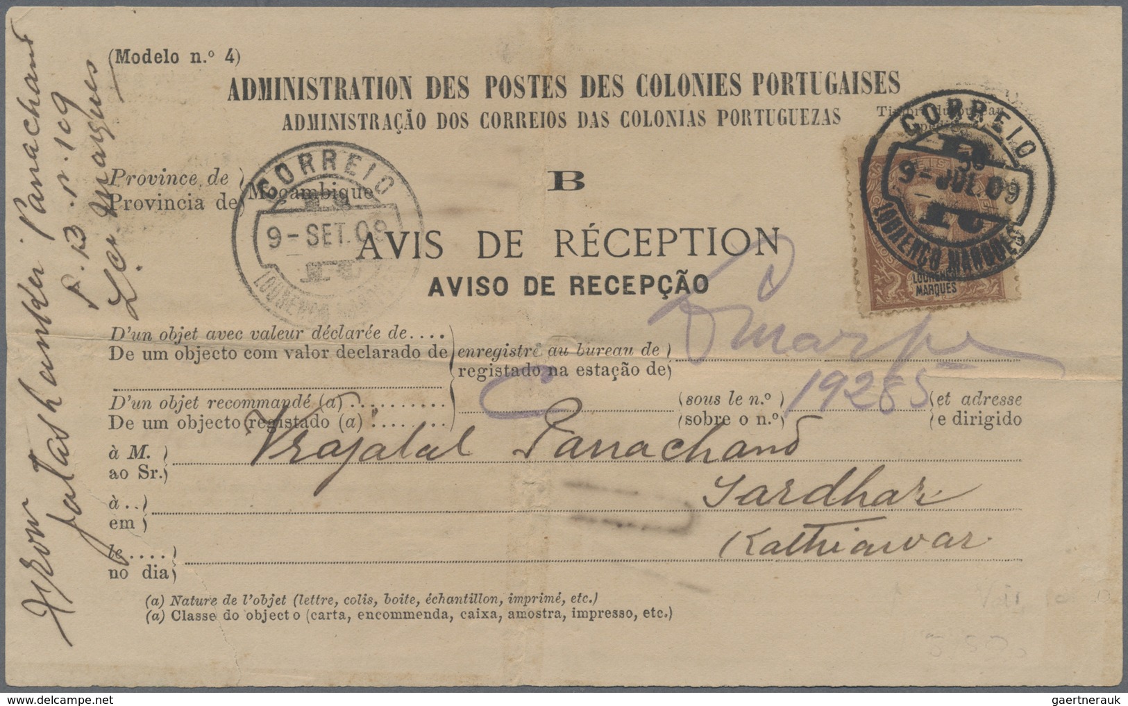 Br Mocambique - Provinzausgaben: Lourenco Marques: 1909. ‘Avis De Recepition/Aviso De Recepao' Label Ad - Lourenzo Marques