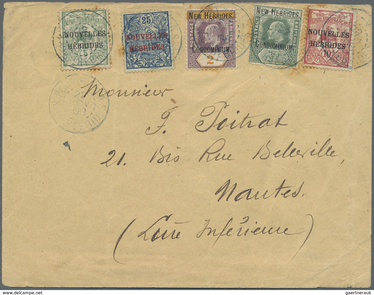 Br Neue Hebriden: 1908. Envelope (small Faults/stains) Addressed To Nantes Bearing SG 4, ½d Green And S - Andere & Zonder Classificatie