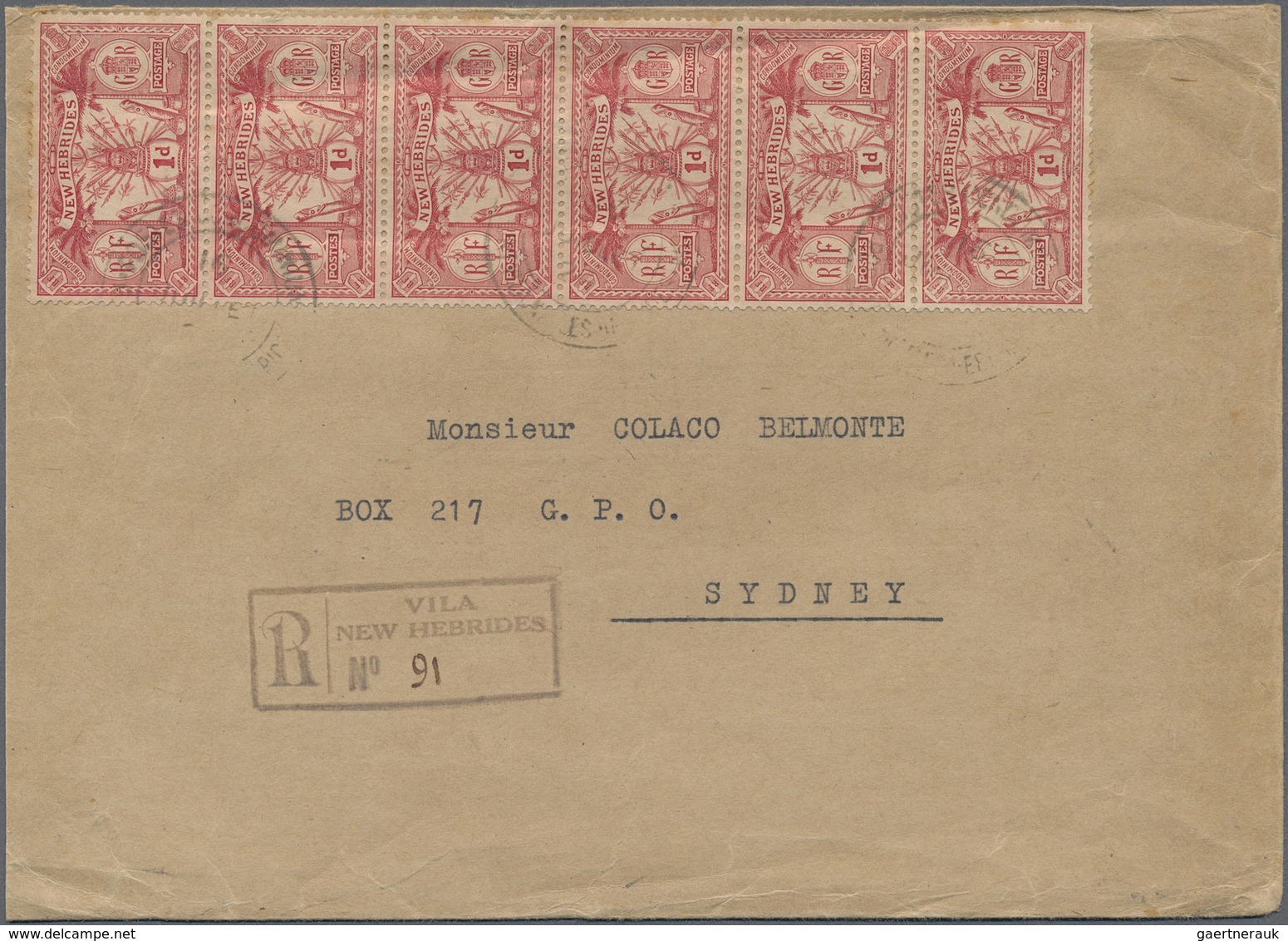 Br Neue Hebriden: 1924. Registered Envelope To Australia Bearing New Hebrides SG 36, 1 D Scarlet (15) T - Andere & Zonder Classificatie
