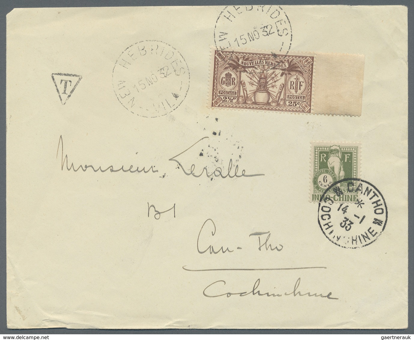 Br Neue Hebriden: 1932. Envelope To Cochinchina Bearing French New Hebrides SG F45, 2Sc (2½d) Brown, Un - Autres & Non Classés