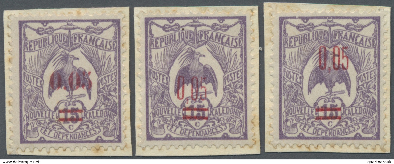 Brfst Neukaledonien: 1922, 0.05 On 15 C. Violet, Three Overprint Proofs In Red Unused On Paper. Certificat - Autres & Non Classés