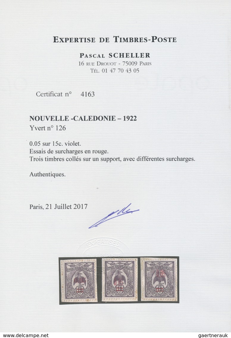 Brfst Neukaledonien: 1922, 0.05 On 15 C. Violet, Three Overprint Proofs In Red Unused On Paper. Certificat - Autres & Non Classés