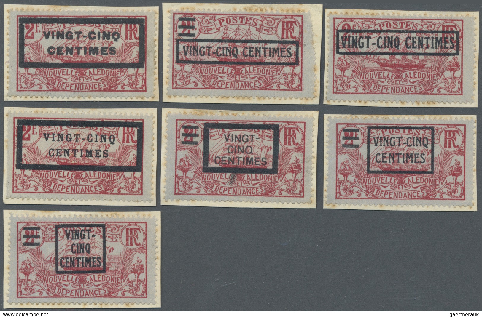 Brfst Neukaledonien: 1924, VINGT-CINQ-CENTIMES On 2 F. Carmine On Grey-blue Ship With Overprint, Seven Dif - Autres & Non Classés