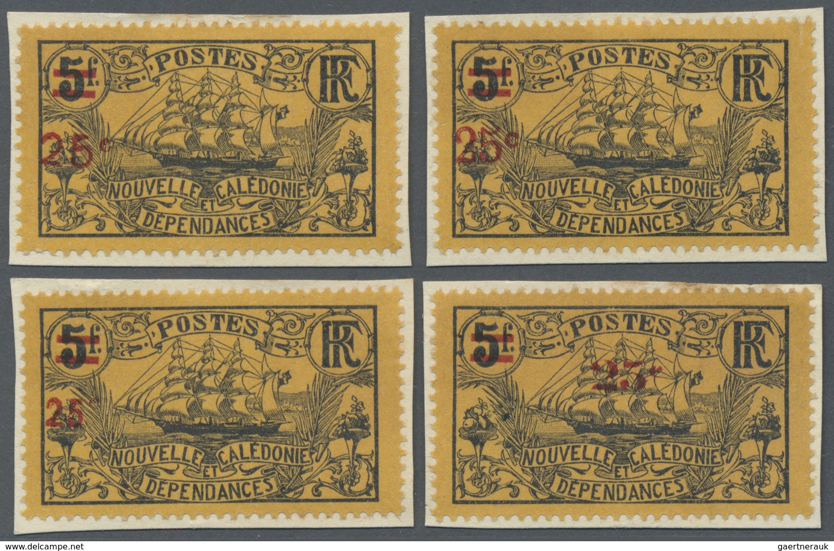 Brfst Neukaledonien: 1924, 25 C. On 5 F. Black On Orange Ship With Overprint, Four Different Overprint Typ - Autres & Non Classés