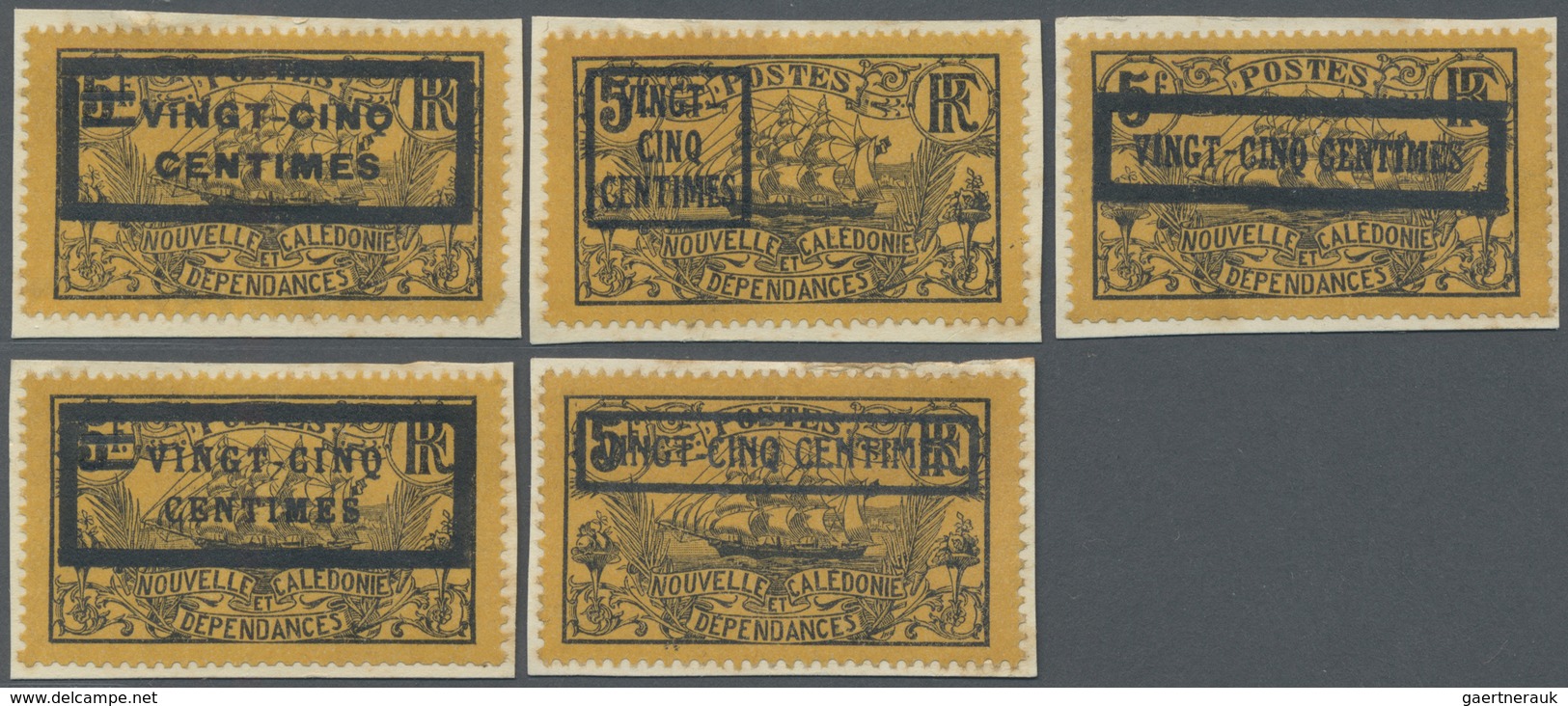 Brfst Neukaledonien: 1924, VINGT-CINQ-CENTIMES. On 5 F. Black On Orange Ship With Overprint, Five Differen - Autres & Non Classés