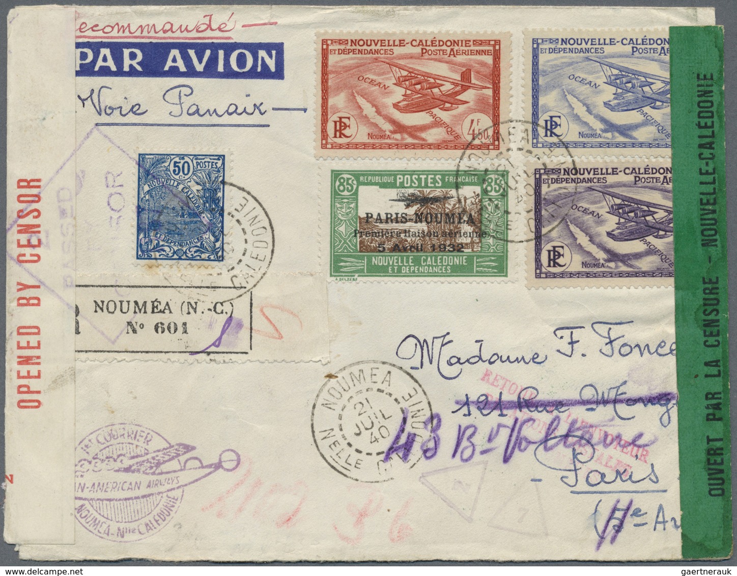 Br Neukaledonien: 1940. Registered Air Mail Envelope Addressed To France Bearing New Caledonia Yvert 12 - Autres & Non Classés