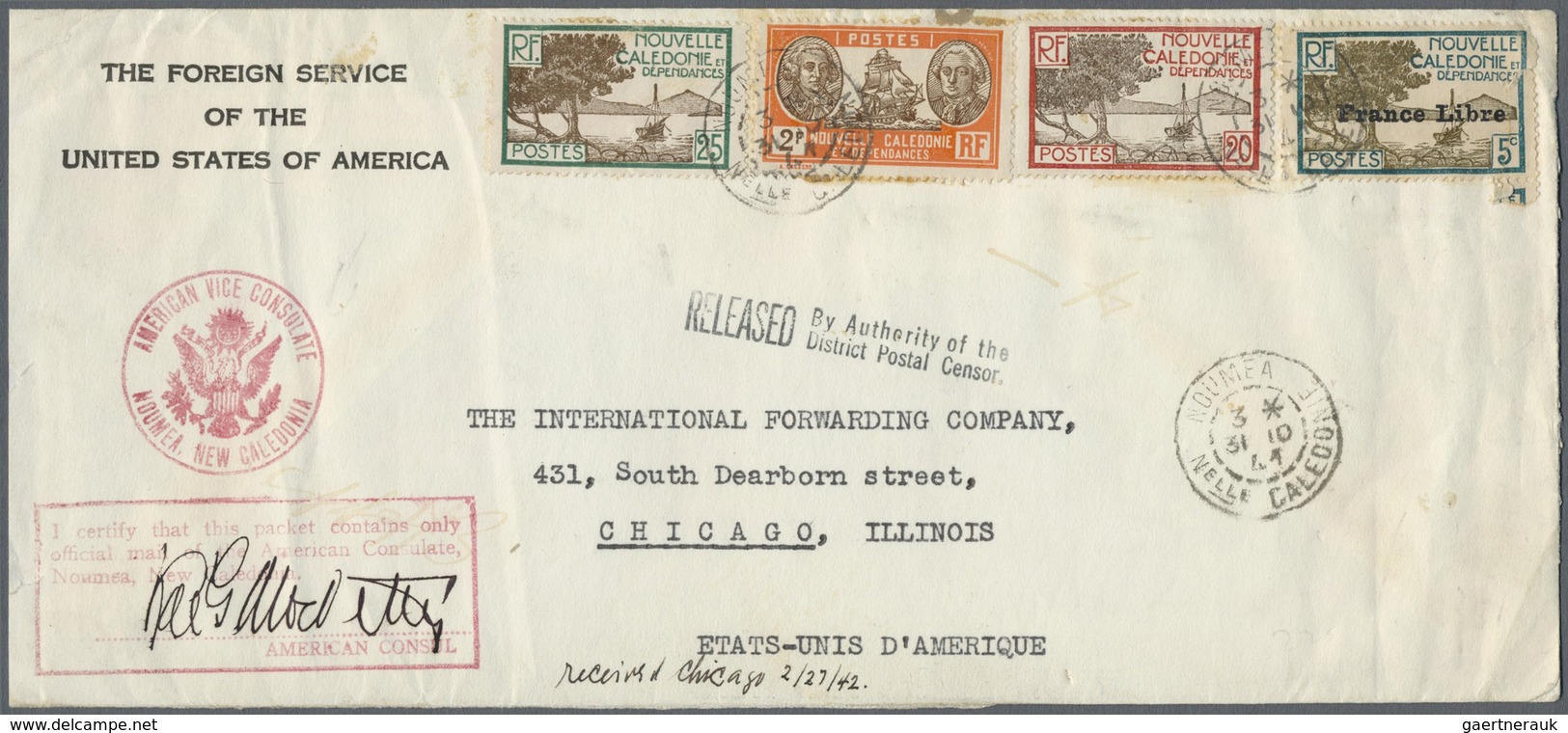 Br Neukaledonien: 1941. Envelope Addressed To Chicago Headed 'The Foreign Service Of The United States - Andere & Zonder Classificatie