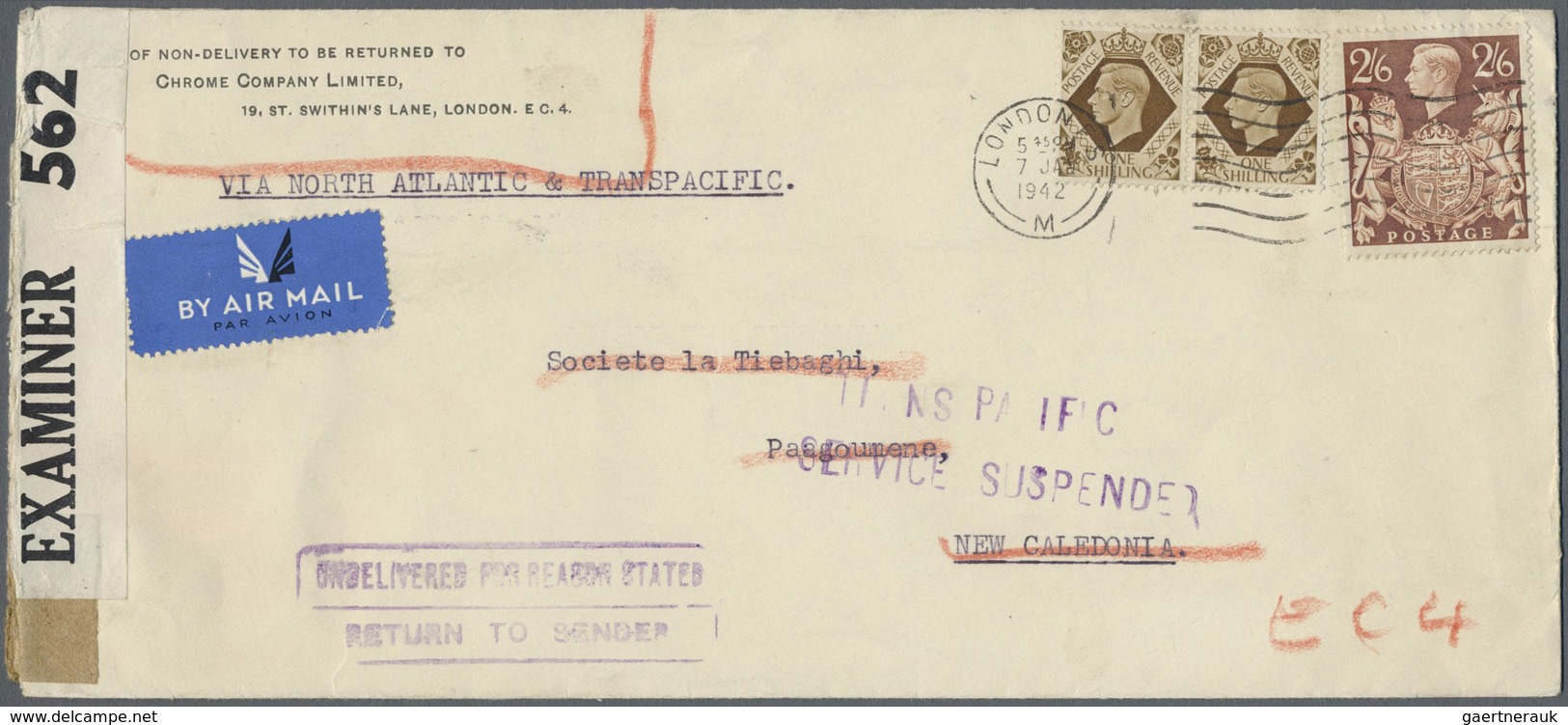 Br Neukaledonien: 1942. Air Mail Envelope Addressed To Paagounene, New Caledonia Bearing Great Britain - Autres & Non Classés