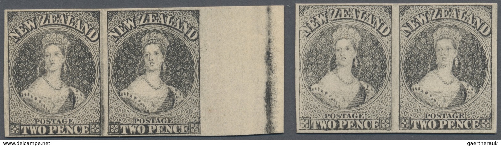 Neuseeland: 1863, Chalon Heads 2d. Four Imperforate PROOFS In Two Horizontal Pairs In Different Shad - Neufs