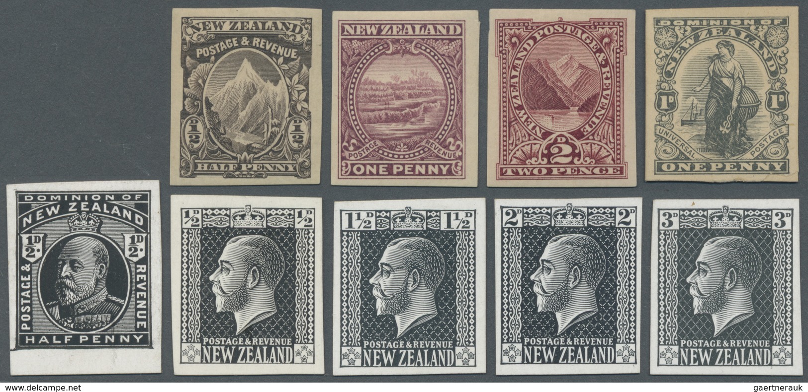 */(*) Neuseeland: 1898/1920 (ca.), Nine Different Imperforate PROOFS Incl. Landscapes ½d., 1d. And 2d. In - Ongebruikt