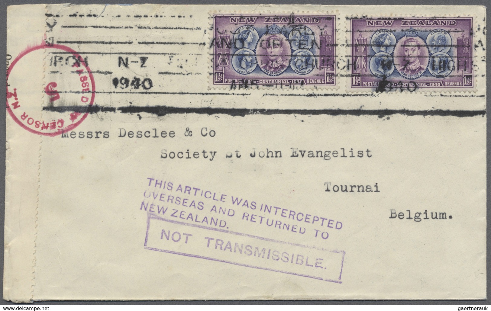 Br Neuseeland: 1940, 2x 1½ D "1840/1940 Centennial" On Envelope Sent From "ST.ORTEN AP 8 1940" To Tourn - Neufs