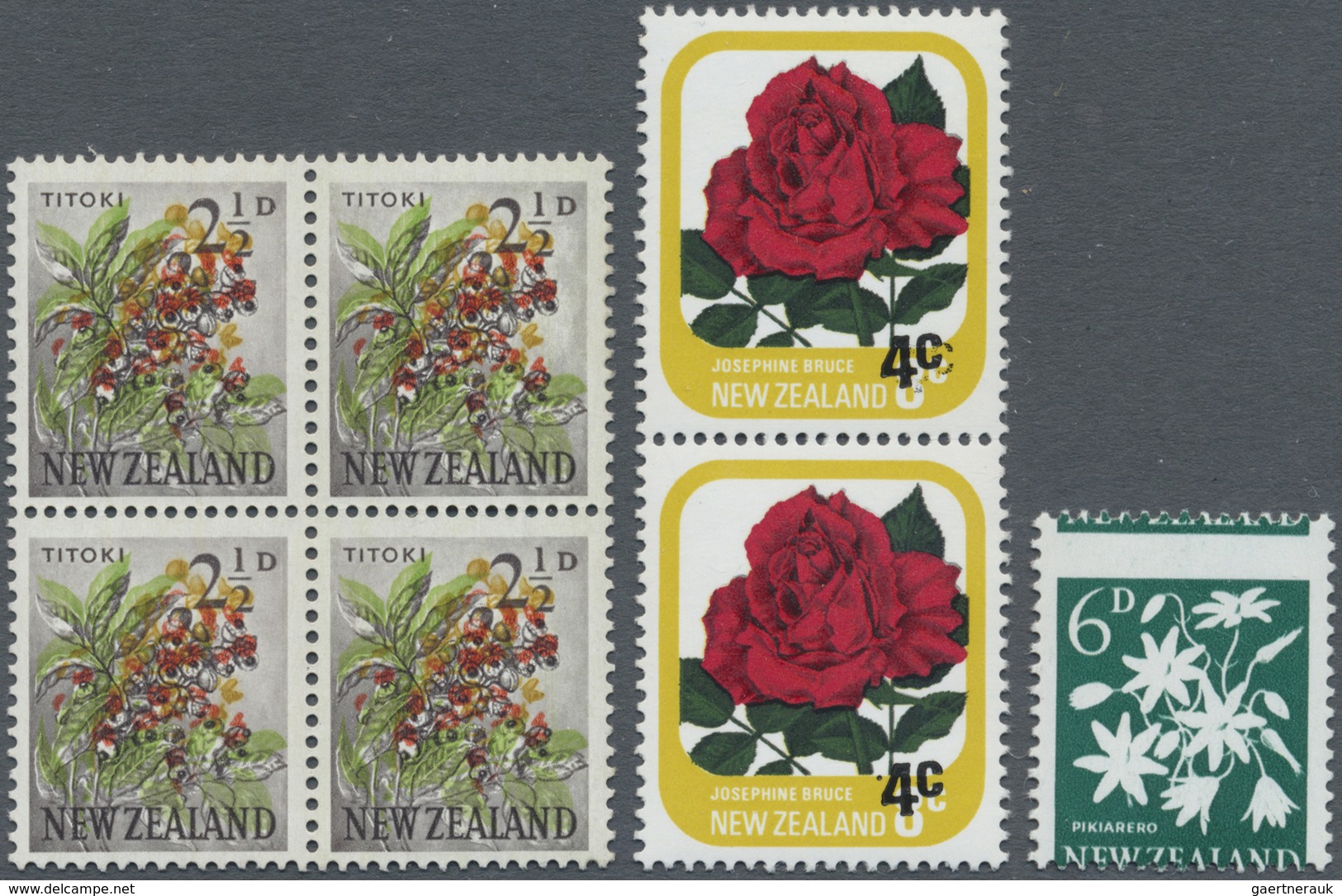 **/* Neuseeland: 1960/1979, Lot Of Varieties: 2½d. Titoki Block Of Four With Shifted Colours; 6d. Pikiare - Neufs