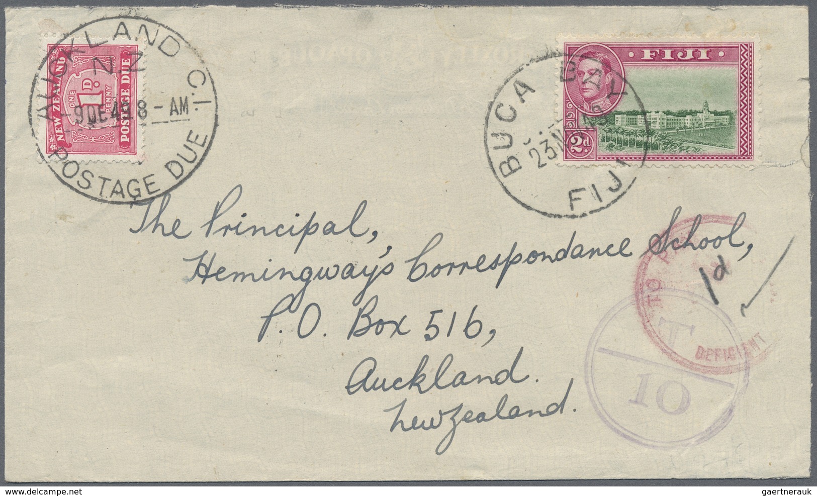 Br Neuseeland - Portomarken: 1949. Envelope (creases And Tears) Addressed To New Zealand Bearing Fiji S - Strafport